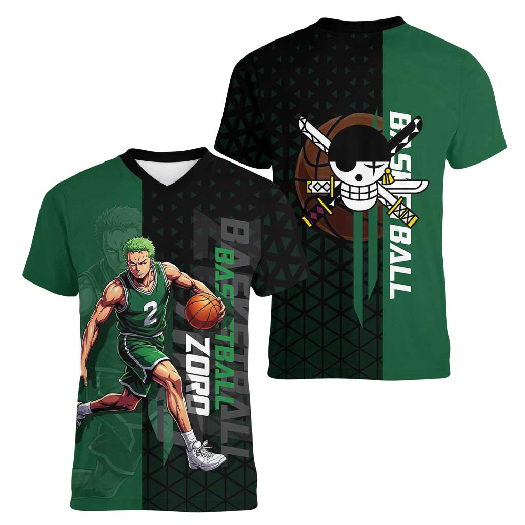Zoro One Piece Basketball Theme Green and Black Design Women V-Neck T-Shirt with Swordsman Logo and Action Dribble Pose - The Mazicc