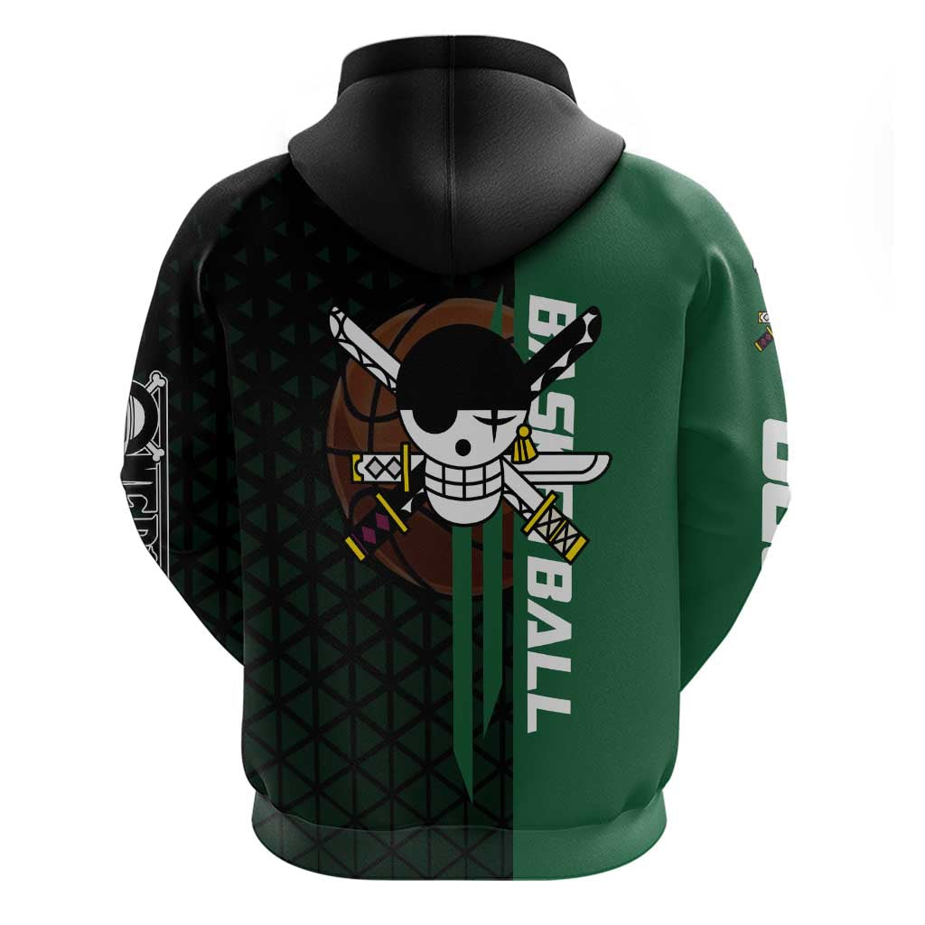 Zoro One Piece Basketball Theme Green and Black Design Zip Hoodie with Swordsman Logo and Action Dribble Pose - The Mazicc