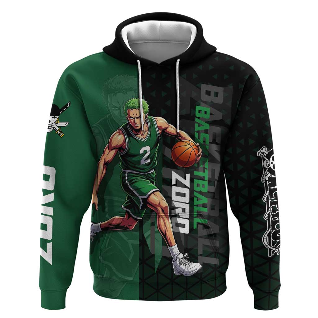 Zoro One Piece Basketball Theme Green and Black Design Zip Hoodie with Swordsman Logo and Action Dribble Pose - The Mazicc