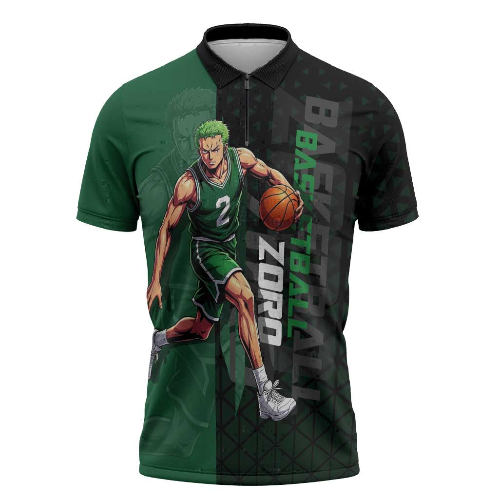 Zoro One Piece Basketball Theme Green and Black Design Zipper Polo Shirt with Swordsman Logo and Action Dribble Pose - The Mazicc