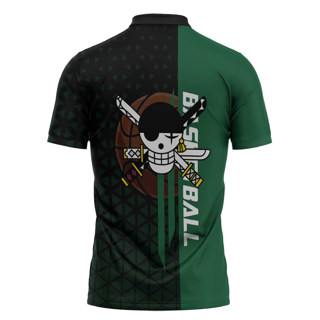 Zoro One Piece Basketball Theme Green and Black Design Zipper Polo Shirt with Swordsman Logo and Action Dribble Pose - The Mazicc