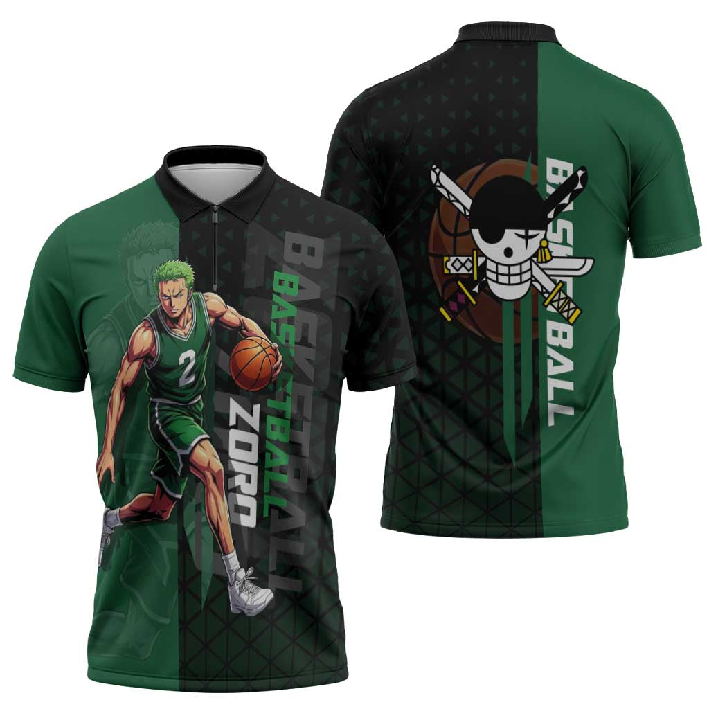 Zoro One Piece Basketball Theme Green and Black Design Zipper Polo Shirt with Swordsman Logo and Action Dribble Pose - The Mazicc