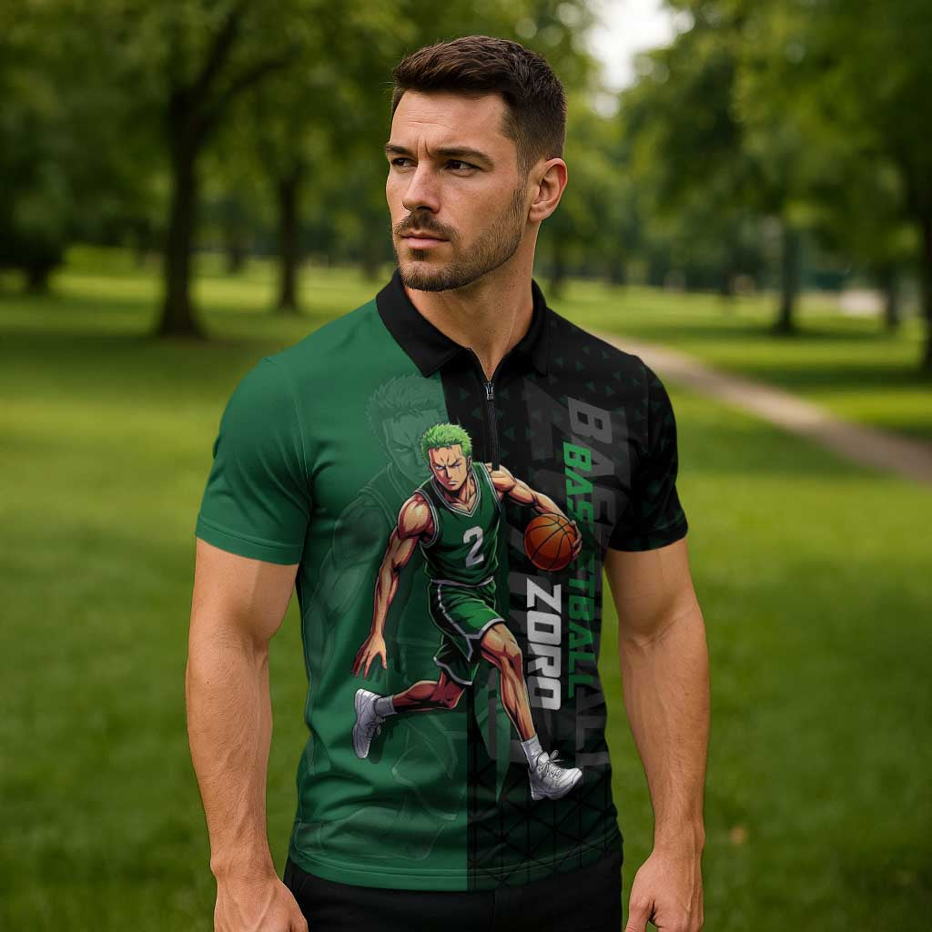 Zoro One Piece Basketball Theme Green and Black Design Zipper Polo Shirt with Swordsman Logo and Action Dribble Pose - The Mazicc