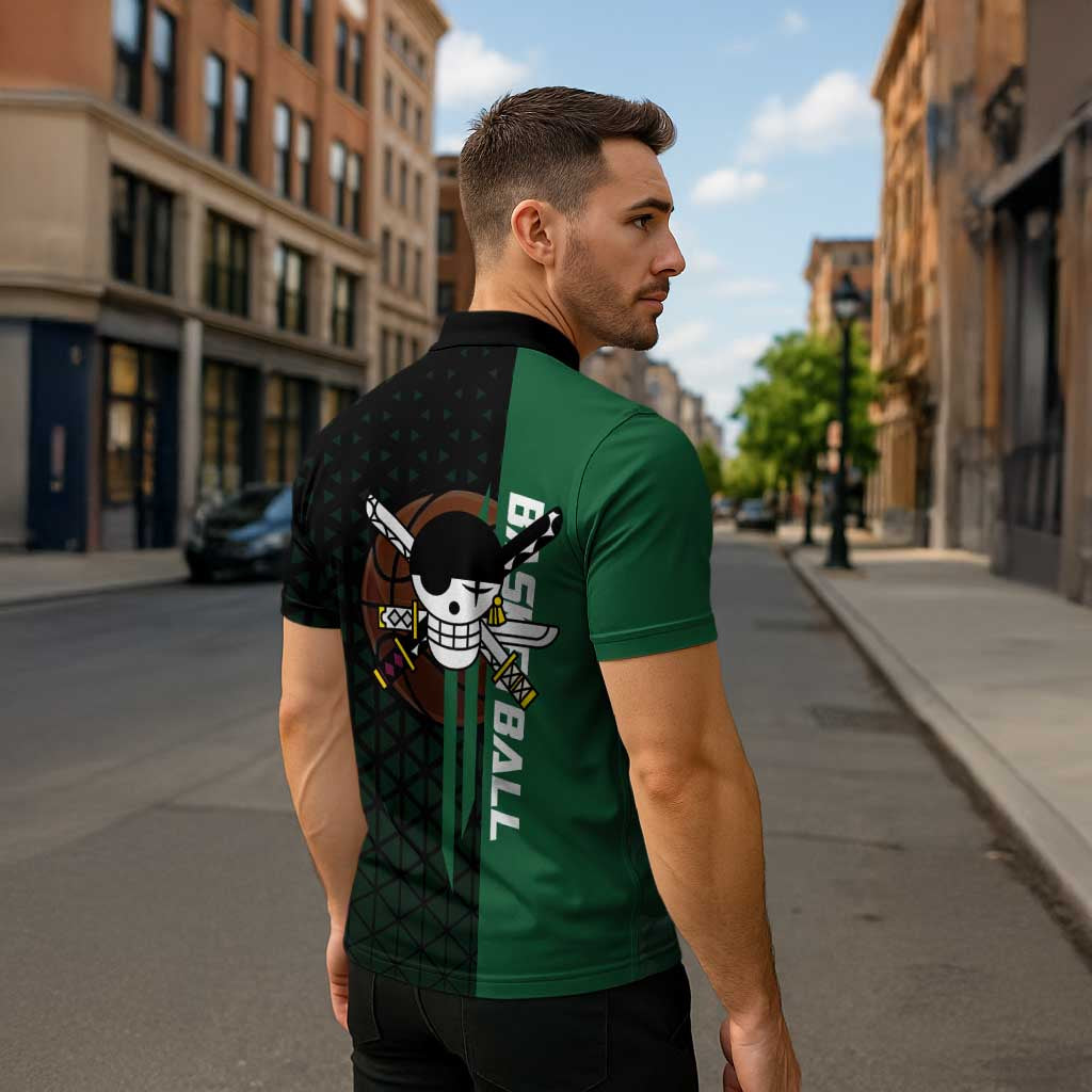 Zoro One Piece Basketball Theme Green and Black Design Zipper Polo Shirt with Swordsman Logo and Action Dribble Pose - The Mazicc