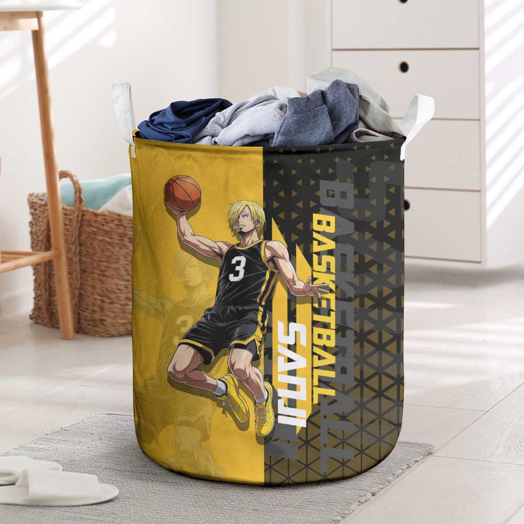 Sanji One Piece Basketball Theme Yellow and Black Design Laundry Basket with Pirate Chef Logo and Jump Shot Pose - The Mazicc