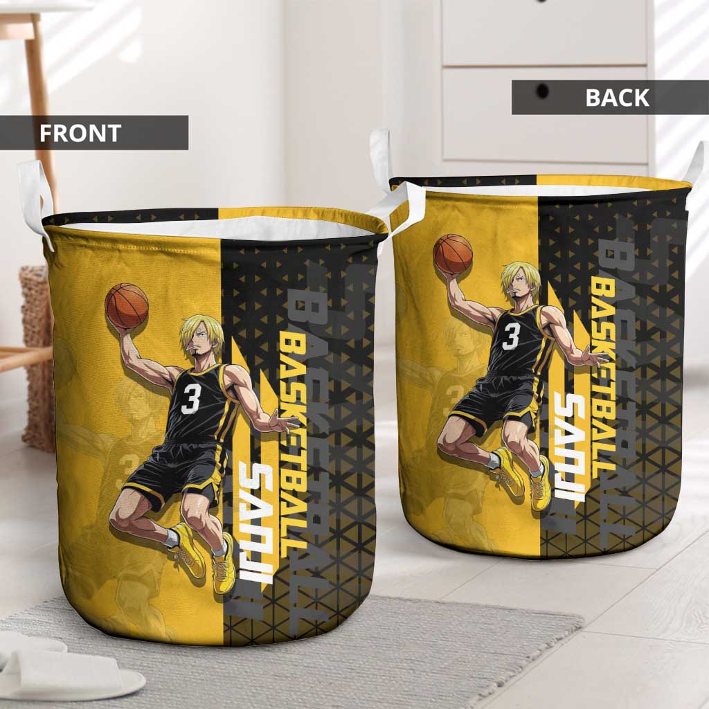 Sanji One Piece Basketball Theme Yellow and Black Design Laundry Basket with Pirate Chef Logo and Jump Shot Pose - The Mazicc
