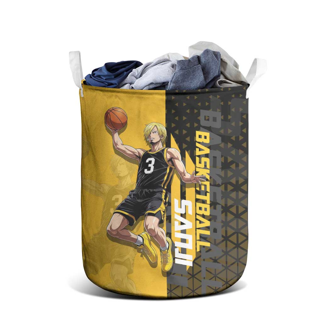 Sanji One Piece Basketball Theme Yellow and Black Design Laundry Basket with Pirate Chef Logo and Jump Shot Pose - The Mazicc