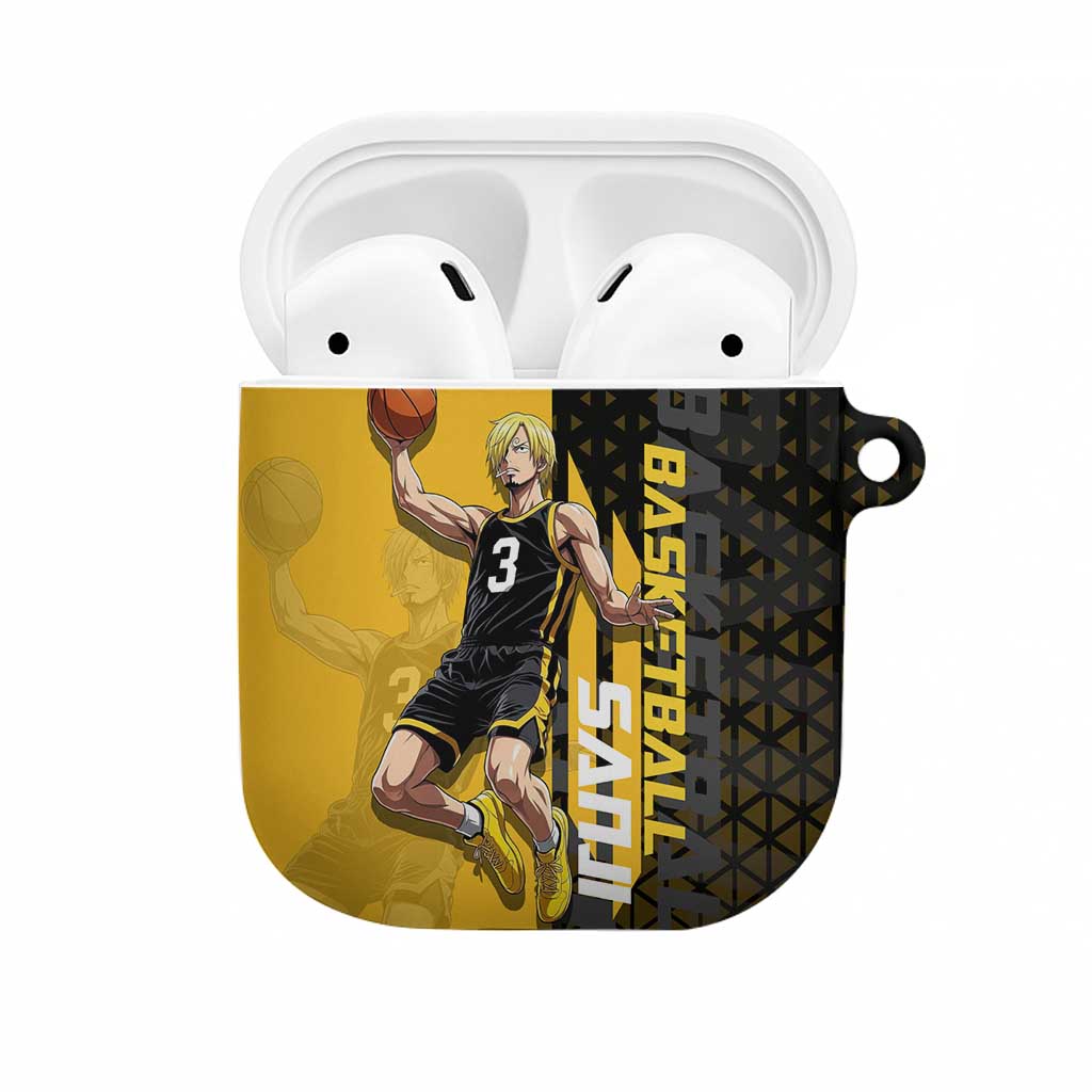 Sanji One Piece Basketball Theme Yellow and Black Design AirPods Case with Pirate Chef Logo and Jump Shot Pose - The Mazicc