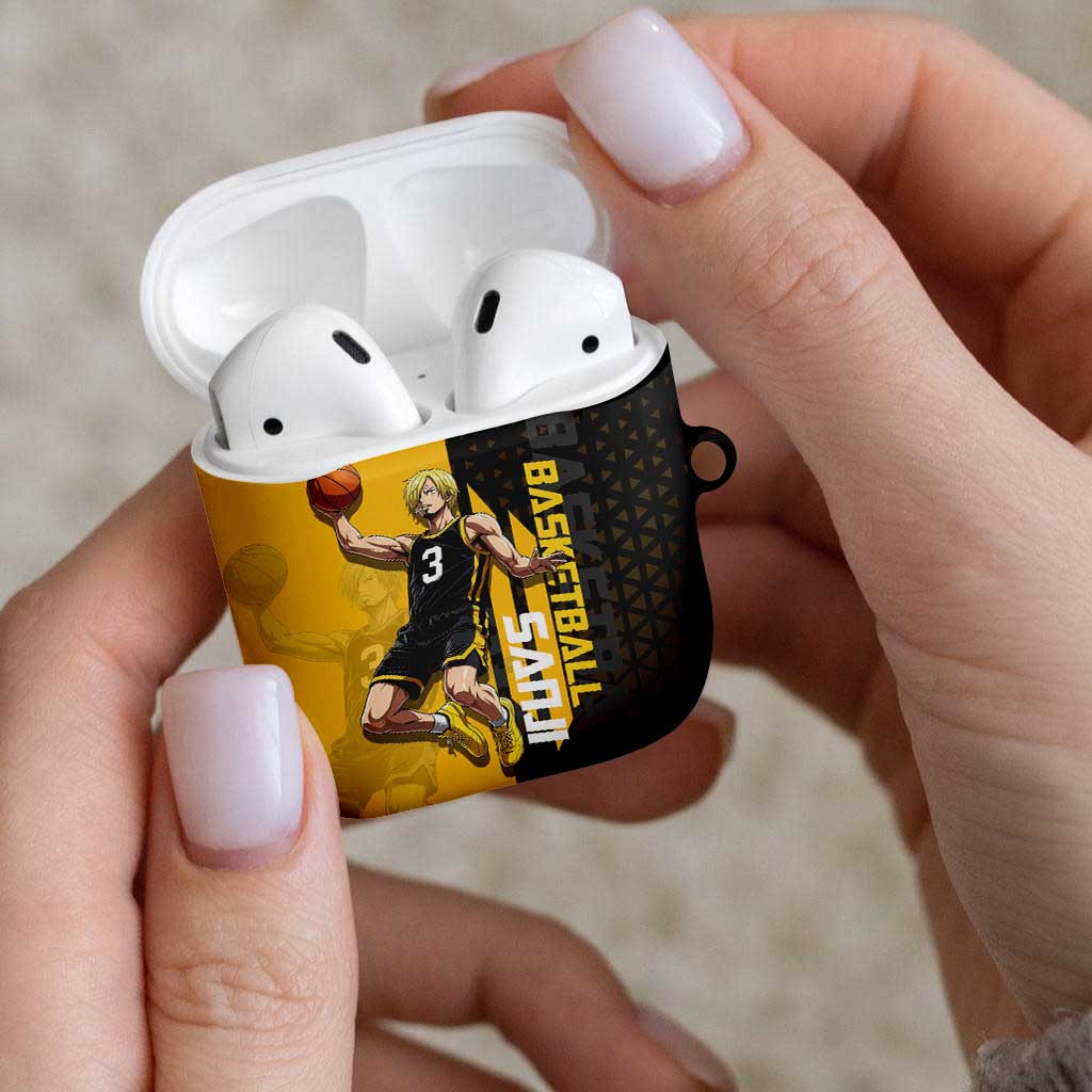 Sanji One Piece Basketball Theme Yellow and Black Design AirPods Case with Pirate Chef Logo and Jump Shot Pose - The Mazicc