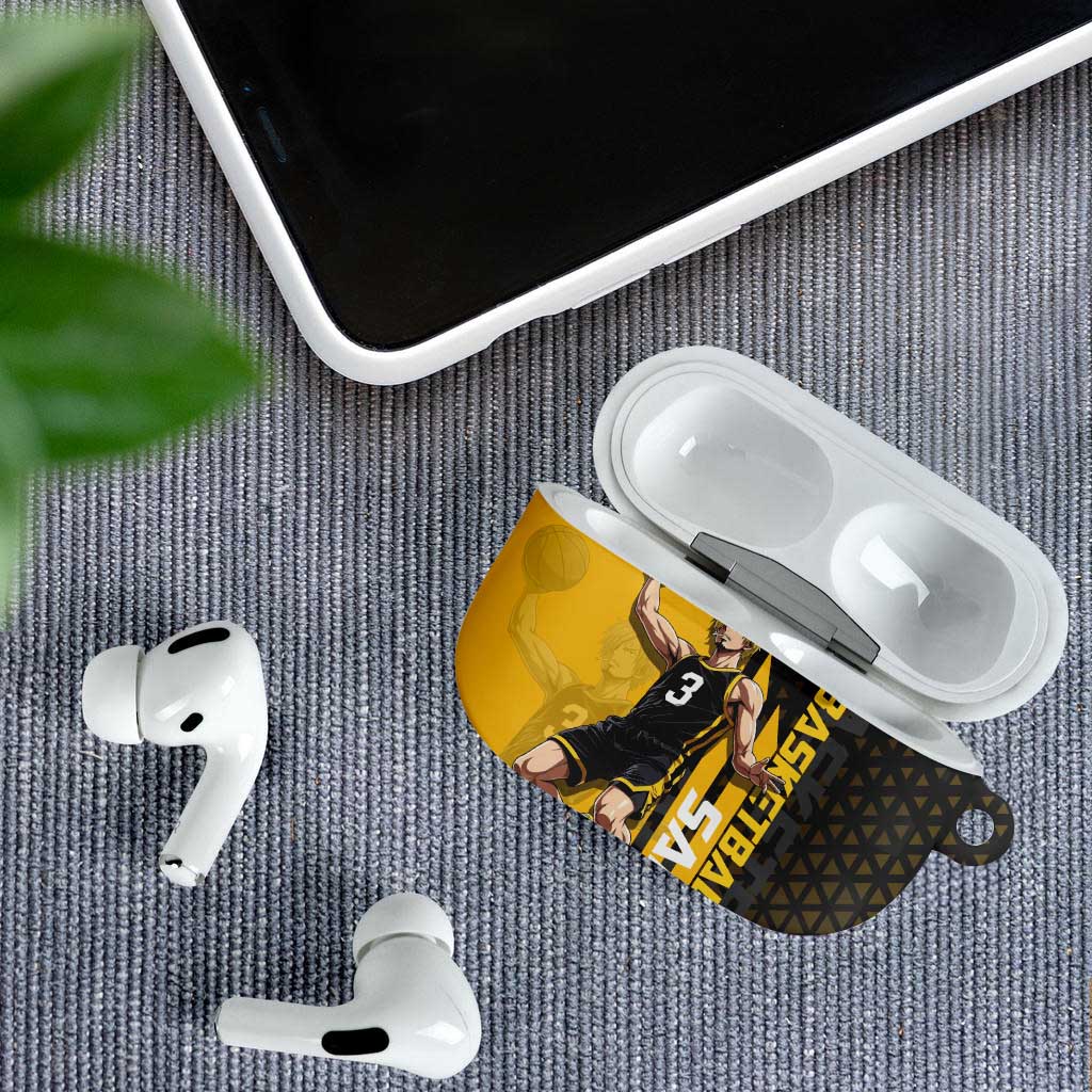 Sanji One Piece Basketball Theme Yellow and Black Design AirPods Case with Pirate Chef Logo and Jump Shot Pose - The Mazicc