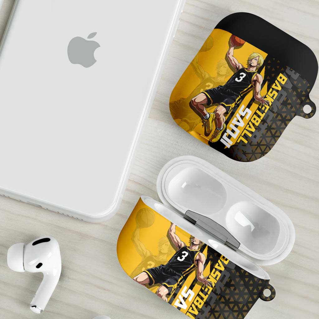 Sanji One Piece Basketball Theme Yellow and Black Design AirPods Case with Pirate Chef Logo and Jump Shot Pose - The Mazicc