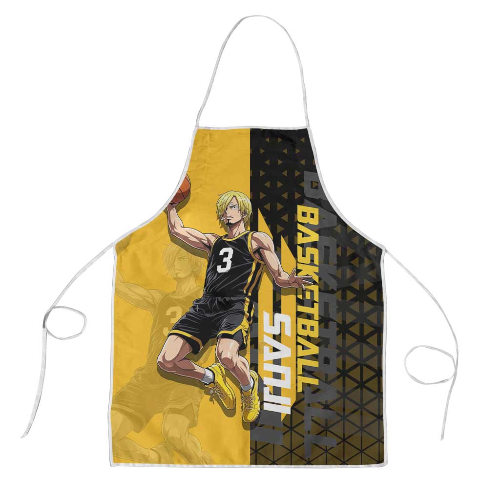 Sanji One Piece Basketball Theme Yellow and Black Design Apron with Pirate Chef Logo and Jump Shot Pose - The Mazicc