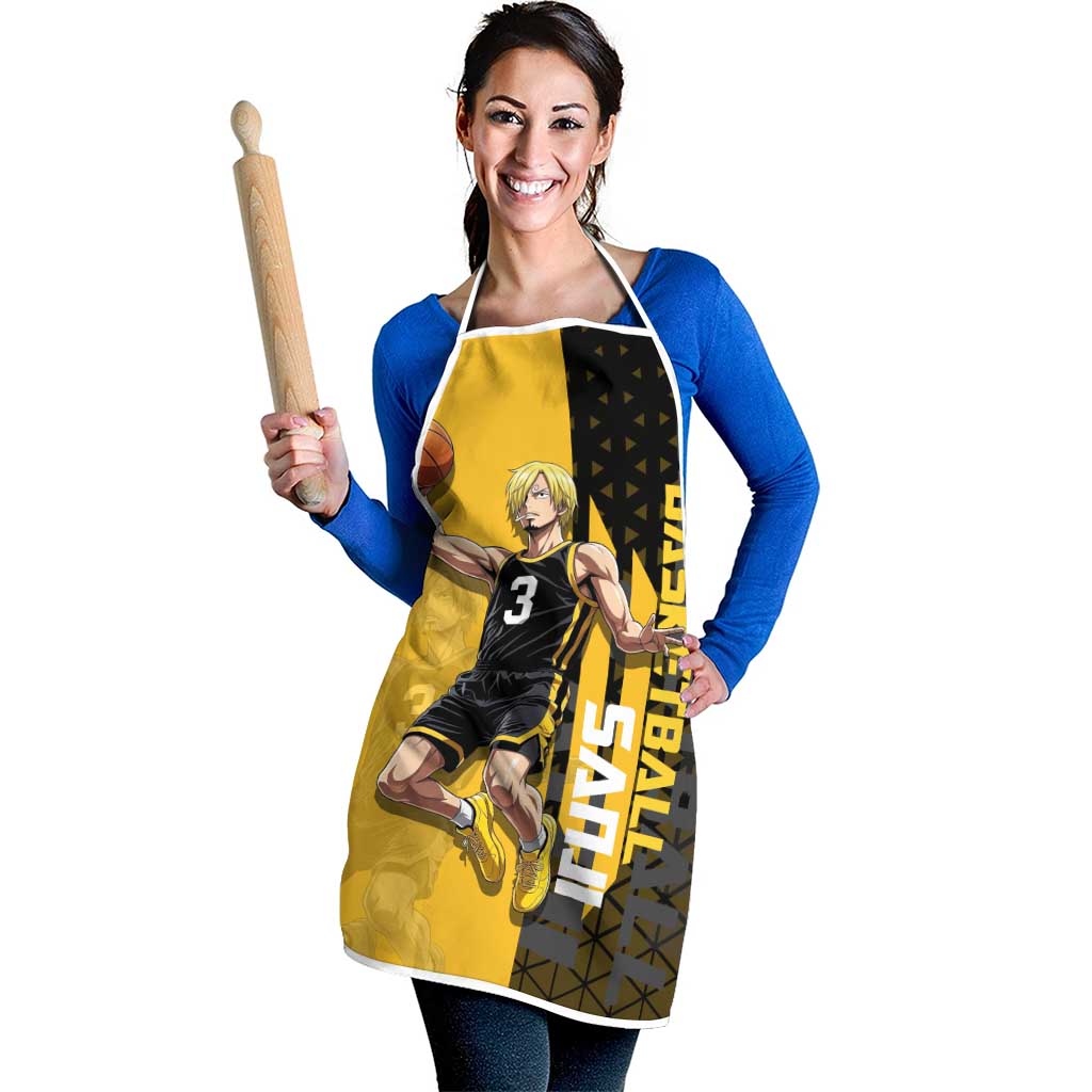 Sanji One Piece Basketball Theme Yellow and Black Design Apron with Pirate Chef Logo and Jump Shot Pose - The Mazicc