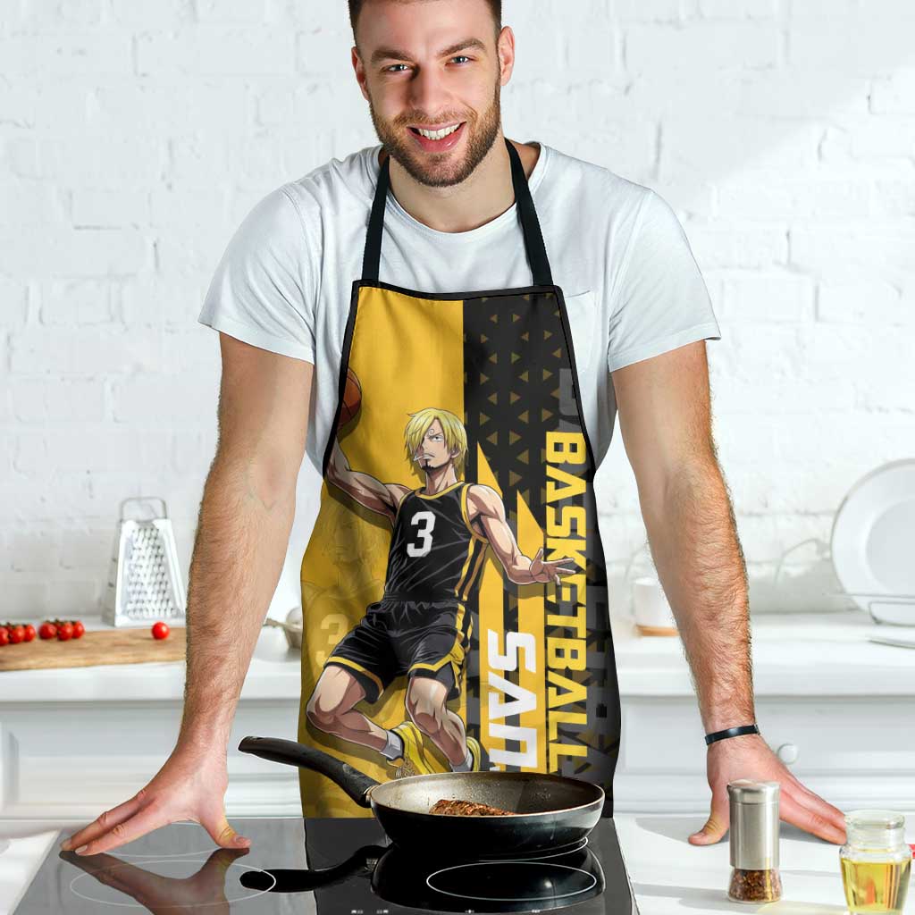 Sanji One Piece Basketball Theme Yellow and Black Design Apron with Pirate Chef Logo and Jump Shot Pose - The Mazicc