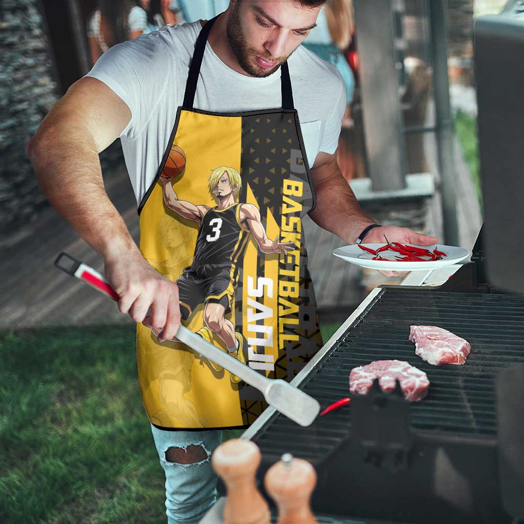 Sanji One Piece Basketball Theme Yellow and Black Design Apron with Pirate Chef Logo and Jump Shot Pose - The Mazicc
