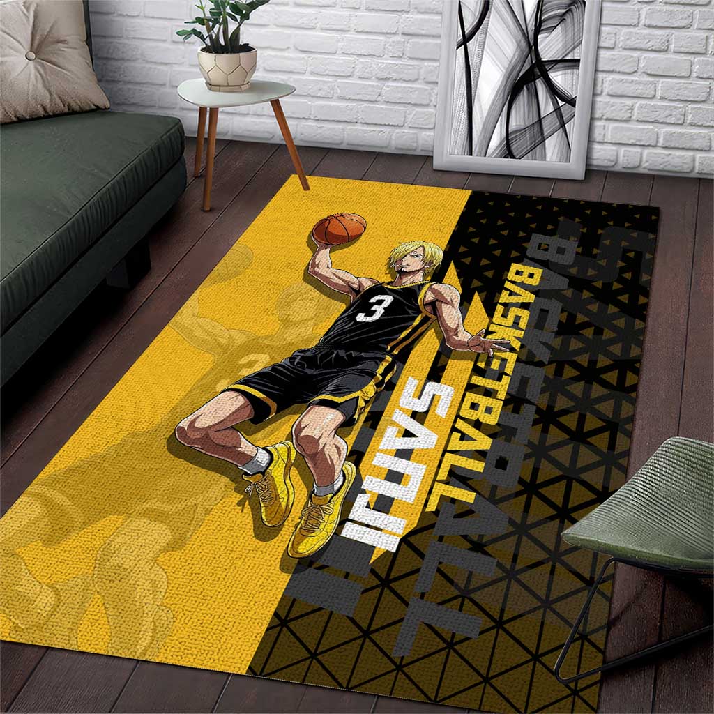 Sanji One Piece Basketball Theme Yellow and Black Design Area Rug with Pirate Chef Logo and Jump Shot Pose - The Mazicc