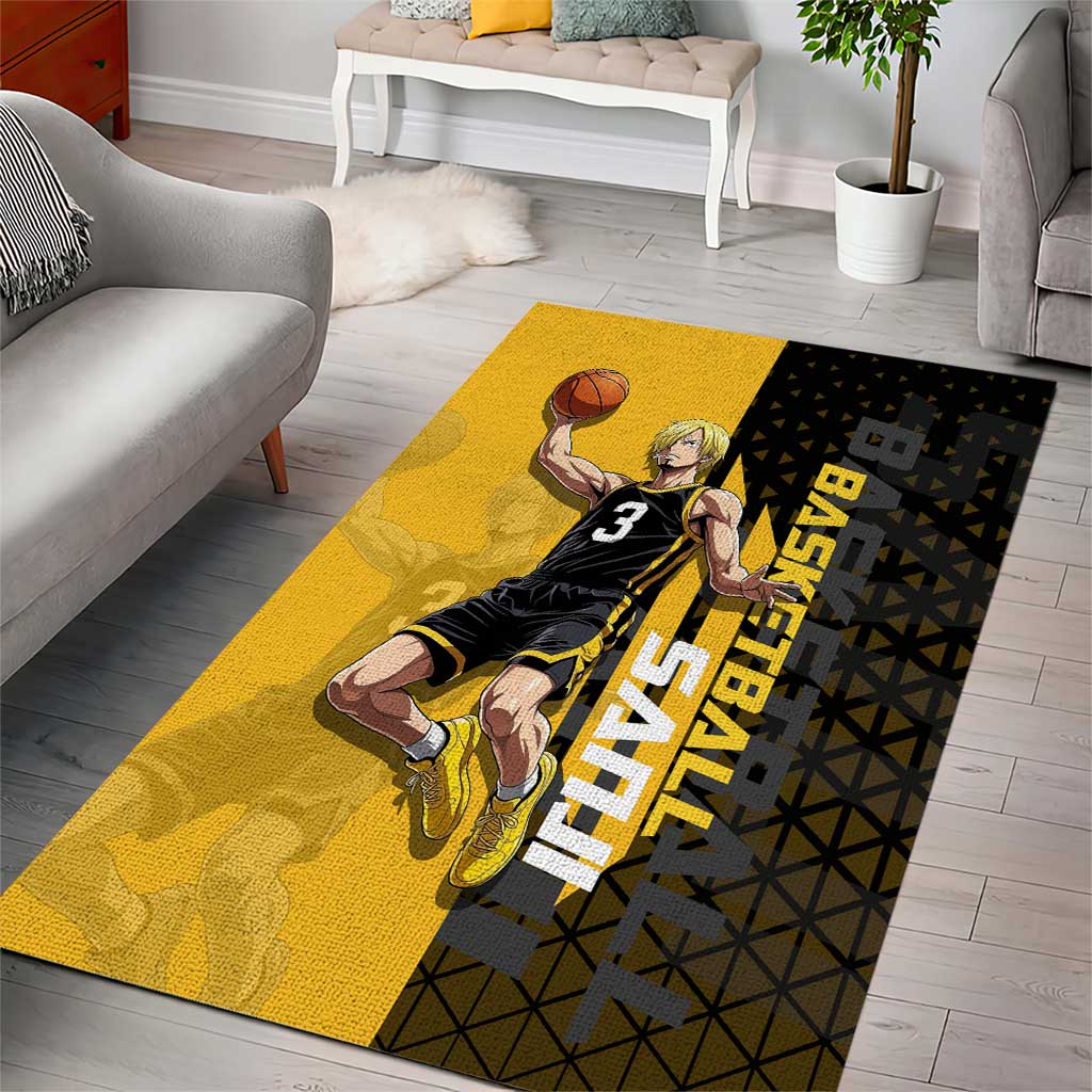 Sanji One Piece Basketball Theme Yellow and Black Design Area Rug with Pirate Chef Logo and Jump Shot Pose - The Mazicc