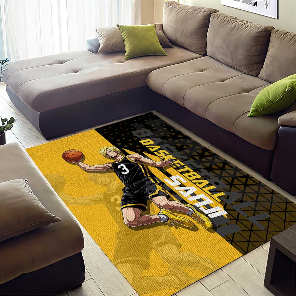 Sanji One Piece Basketball Theme Yellow and Black Design Area Rug with Pirate Chef Logo and Jump Shot Pose - The Mazicc