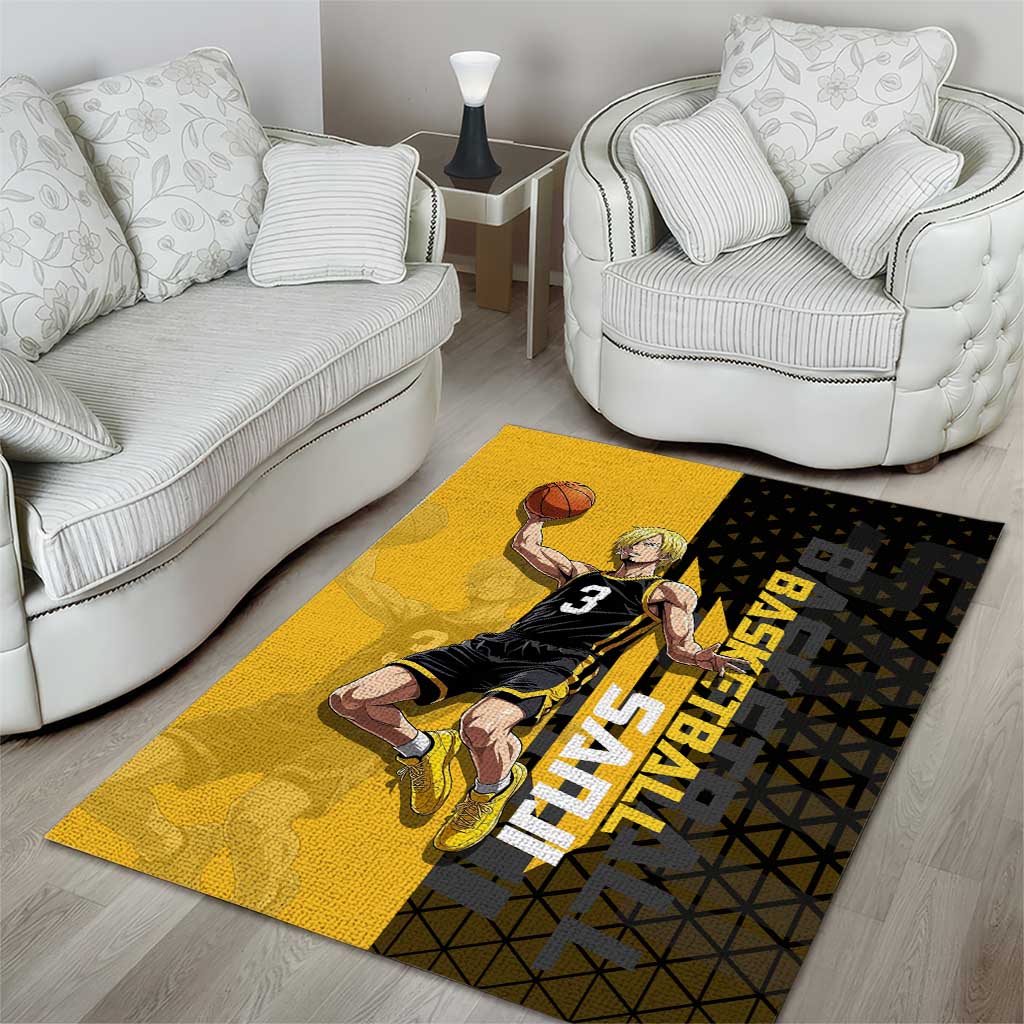 Sanji One Piece Basketball Theme Yellow and Black Design Area Rug with Pirate Chef Logo and Jump Shot Pose - The Mazicc