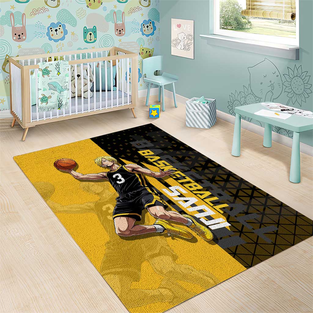 Sanji One Piece Basketball Theme Yellow and Black Design Area Rug with Pirate Chef Logo and Jump Shot Pose - The Mazicc