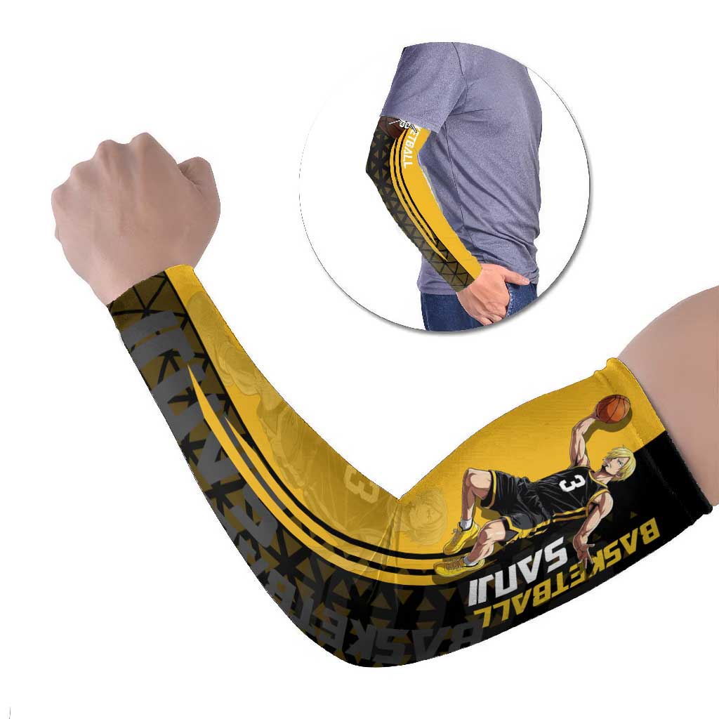 Sanji One Piece Basketball Theme Yellow and Black Design Arm Sleeves with Pirate Chef Logo and Jump Shot Pose - The Mazicc