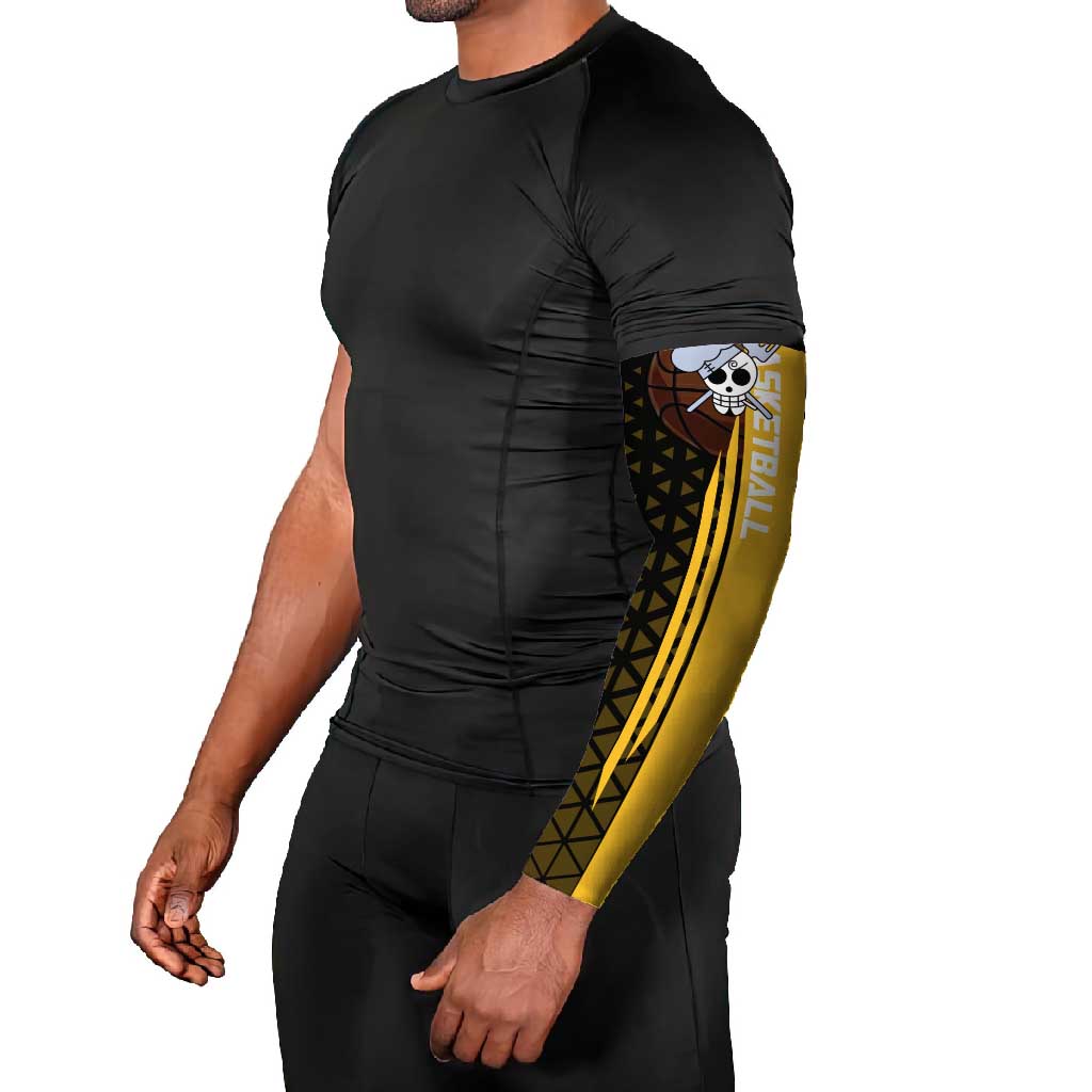 Sanji One Piece Basketball Theme Yellow and Black Design Arm Sleeves with Pirate Chef Logo and Jump Shot Pose - The Mazicc