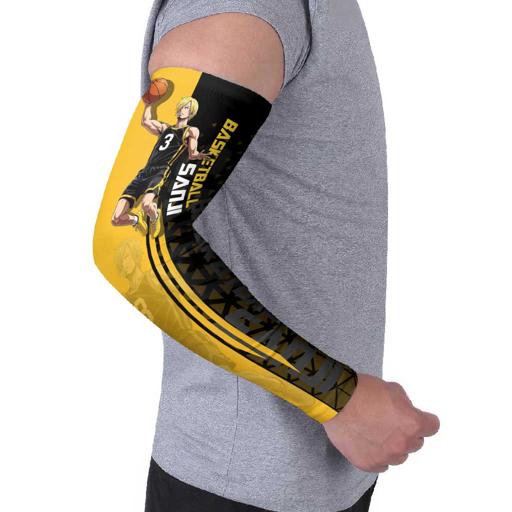 Sanji One Piece Basketball Theme Yellow and Black Design Arm Sleeves with Pirate Chef Logo and Jump Shot Pose - The Mazicc