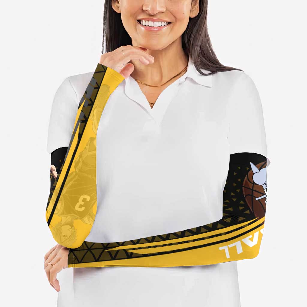 Sanji One Piece Basketball Theme Yellow and Black Design Arm Sleeves with Pirate Chef Logo and Jump Shot Pose - The Mazicc