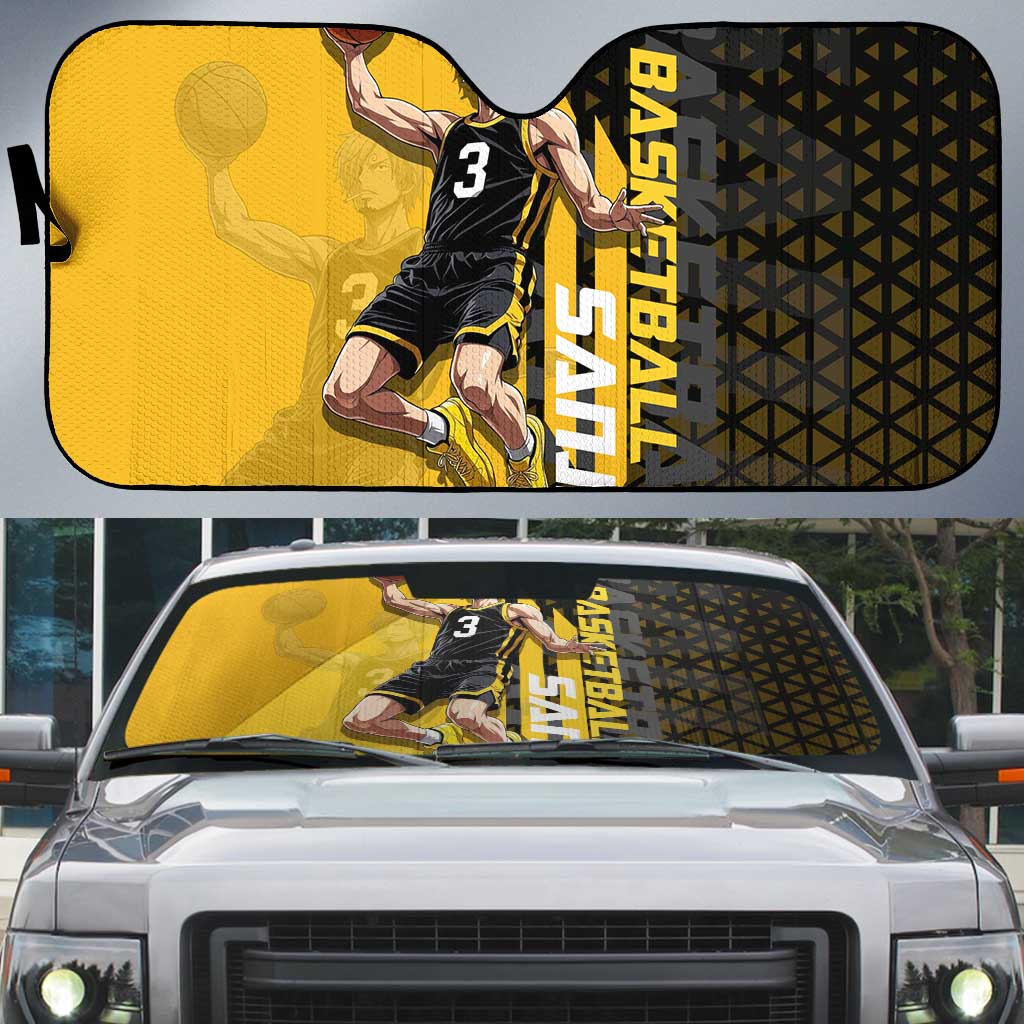 Sanji One Piece Basketball Theme Yellow and Black Design Auto Sun Shade with Pirate Chef Logo and Jump Shot Pose - The Mazicc