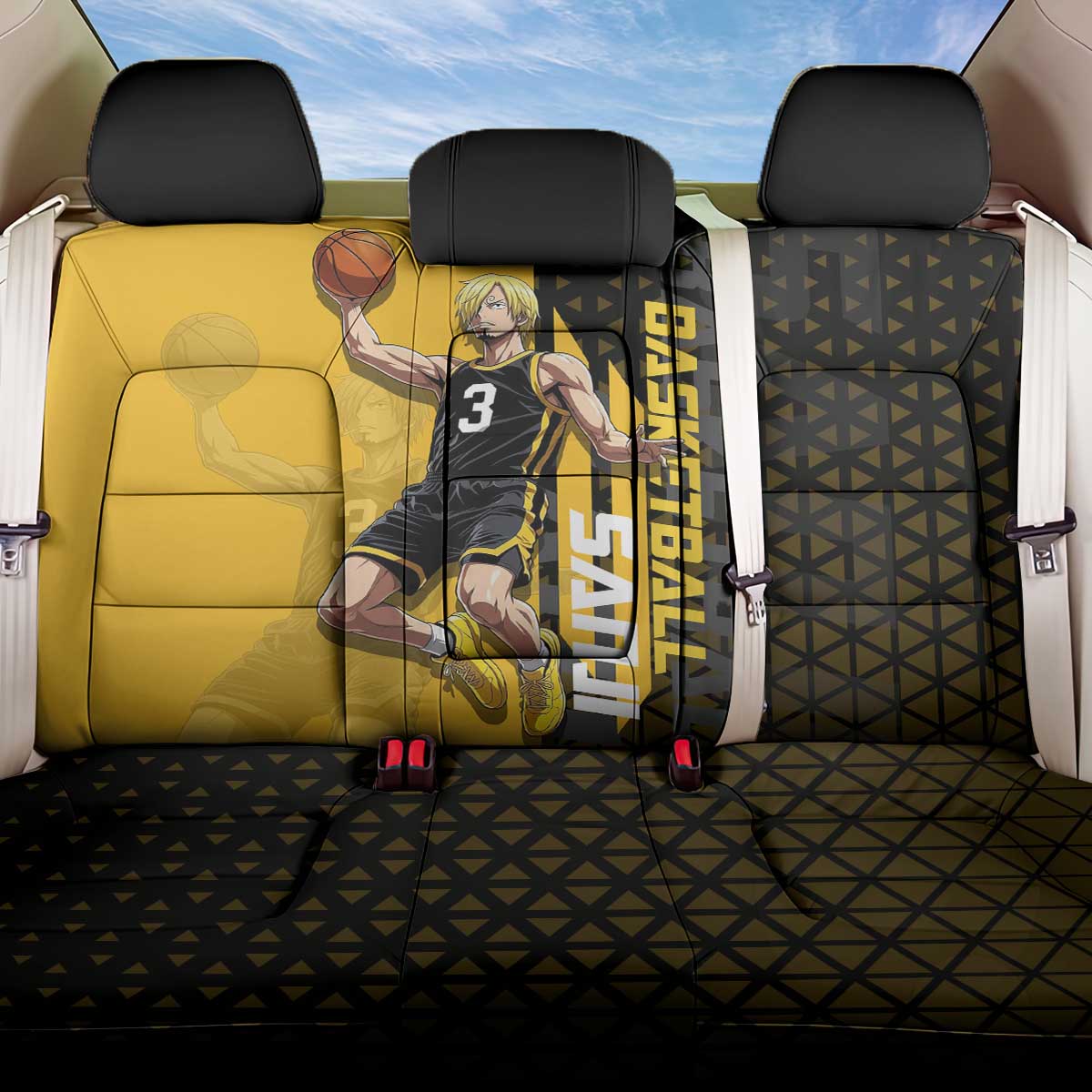 Sanji One Piece Basketball Theme Yellow and Black Design Back Car Seat Cover with Pirate Chef Logo and Jump Shot Pose - The Mazicc