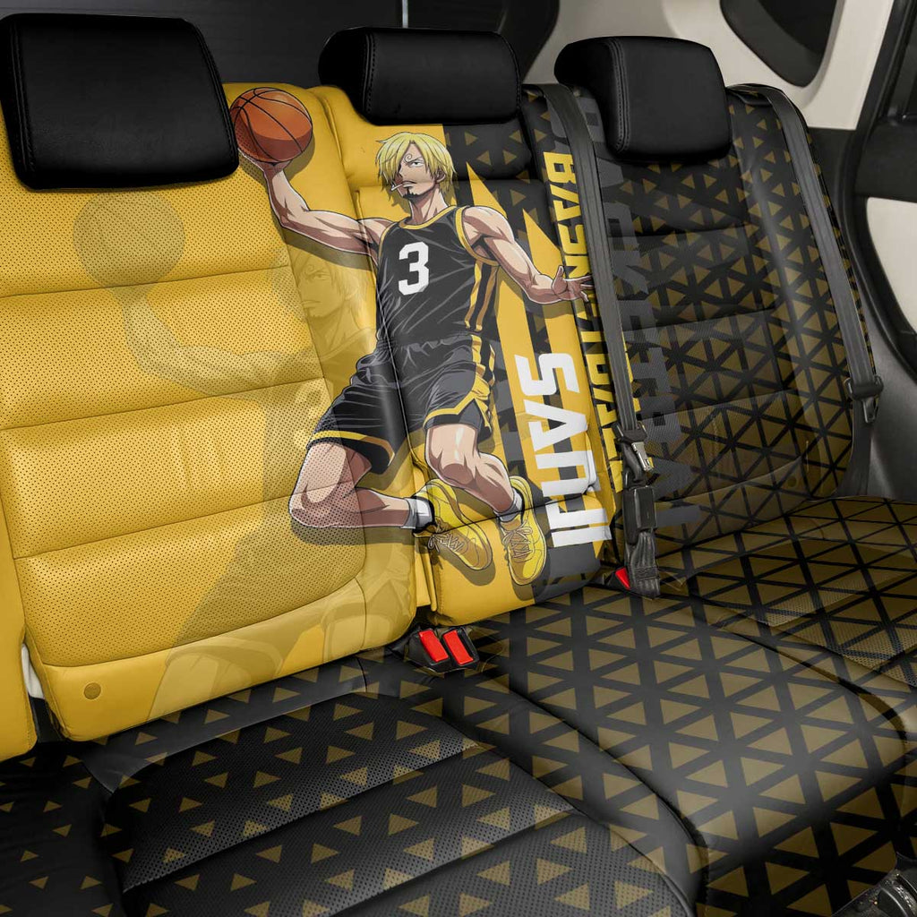 Sanji One Piece Basketball Theme Yellow and Black Design Back Car Seat Cover with Pirate Chef Logo and Jump Shot Pose - The Mazicc