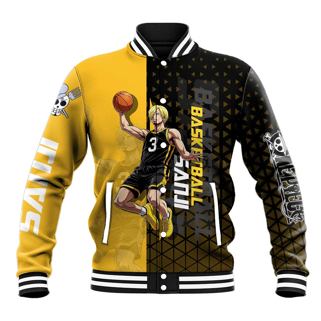 Sanji One Piece Basketball Theme Yellow and Black Design Baseball Jacket with Pirate Chef Logo and Jump Shot Pose - The Mazicc