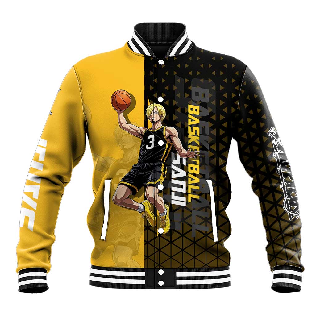 Sanji One Piece Basketball Theme Yellow and Black Design Baseball Jacket with Pirate Chef Logo and Jump Shot Pose - The Mazicc