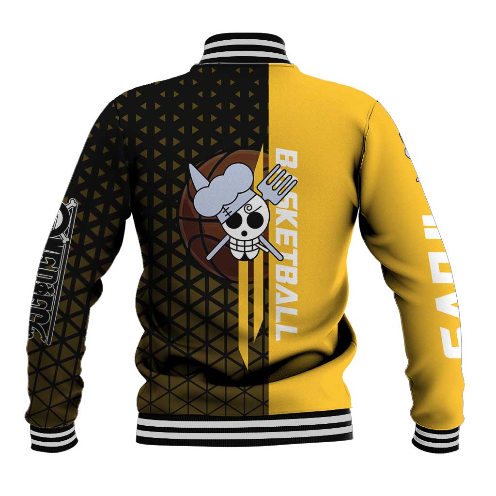 Sanji One Piece Basketball Theme Yellow and Black Design Baseball Jacket with Pirate Chef Logo and Jump Shot Pose - The Mazicc