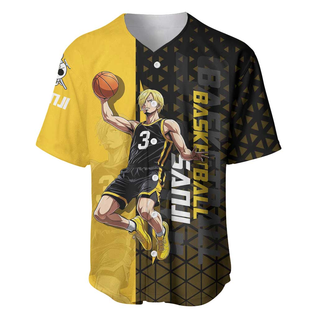 Sanji One Piece Basketball Theme Yellow and Black Design Baseball Jersey with Pirate Chef Logo and Jump Shot Pose - The Mazicc