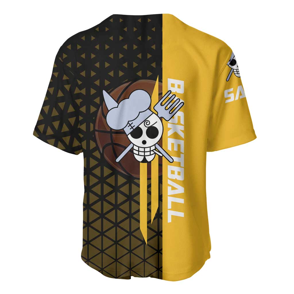 Sanji One Piece Basketball Theme Yellow and Black Design Baseball Jersey with Pirate Chef Logo and Jump Shot Pose - The Mazicc