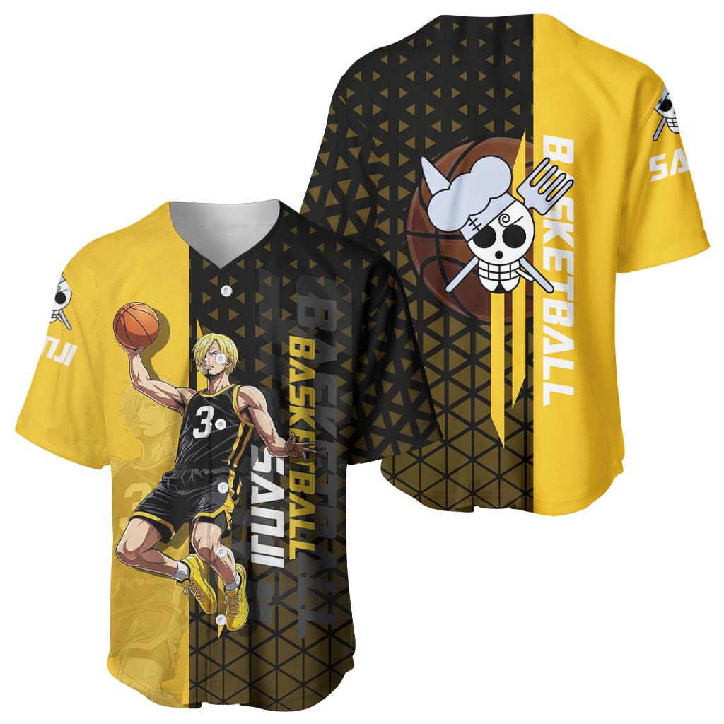Sanji One Piece Basketball Theme Yellow and Black Design Baseball Jersey with Pirate Chef Logo and Jump Shot Pose - The Mazicc