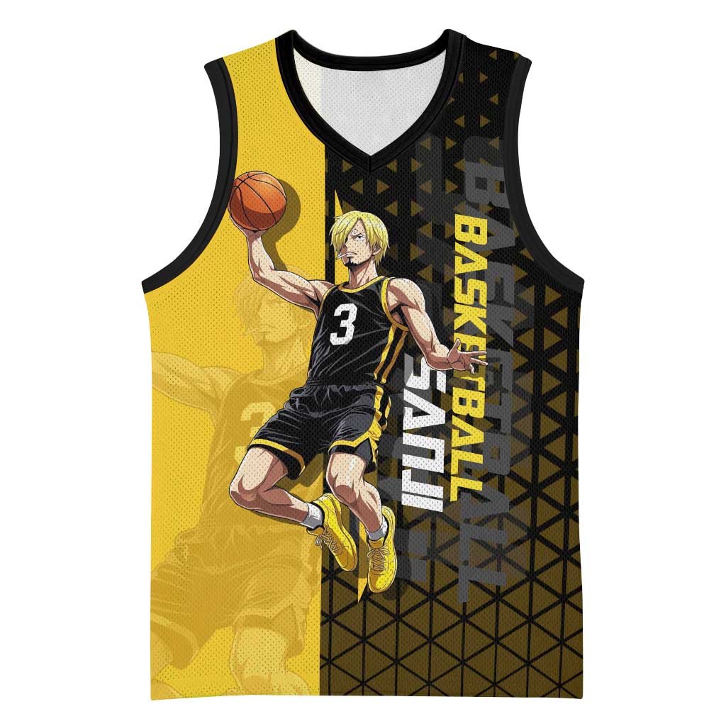 Sanji One Piece Basketball Theme Yellow and Black Design Basketball Jersey with Pirate Chef Logo and Jump Shot Pose - The Mazicc