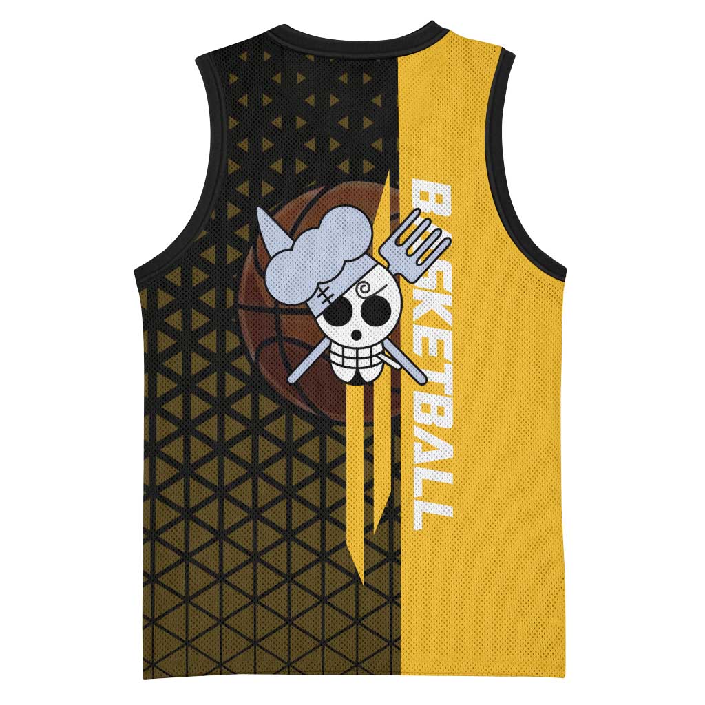 Sanji One Piece Basketball Theme Yellow and Black Design Basketball Jersey with Pirate Chef Logo and Jump Shot Pose - The Mazicc