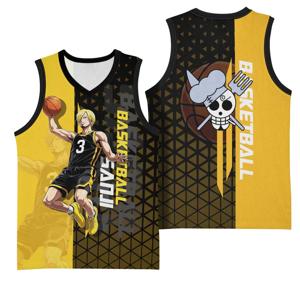 Sanji One Piece Basketball Theme Yellow and Black Design Basketball Jersey with Pirate Chef Logo and Jump Shot Pose - The Mazicc