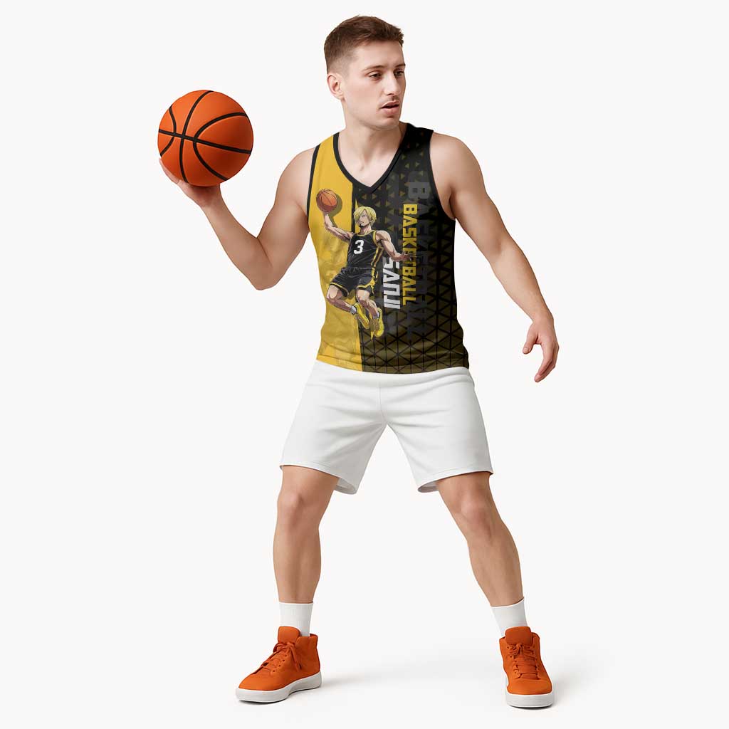 Sanji One Piece Basketball Theme Yellow and Black Design Basketball Jersey with Pirate Chef Logo and Jump Shot Pose - The Mazicc
