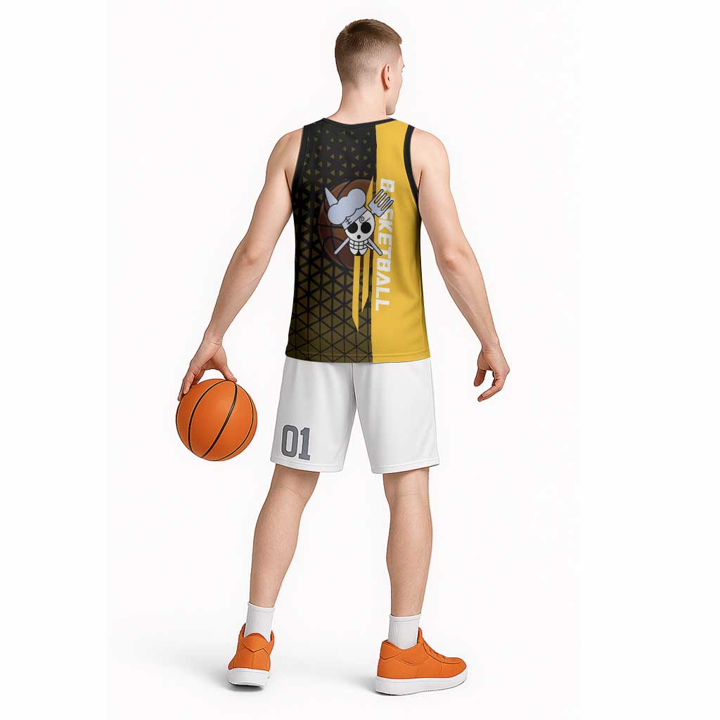 Sanji One Piece Basketball Theme Yellow and Black Design Basketball Jersey with Pirate Chef Logo and Jump Shot Pose - The Mazicc