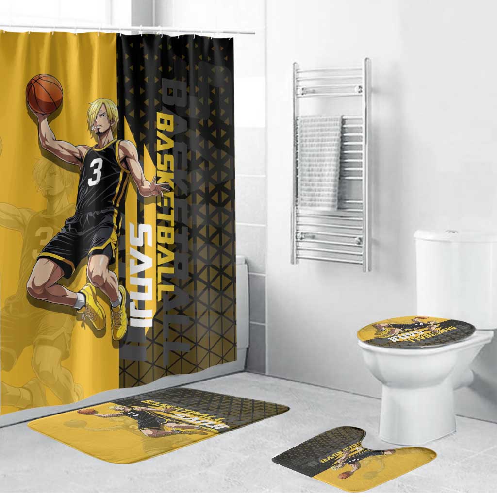 Sanji One Piece Basketball Theme Yellow and Black Design Bathroom Set with Pirate Chef Logo and Jump Shot Pose - The Mazicc