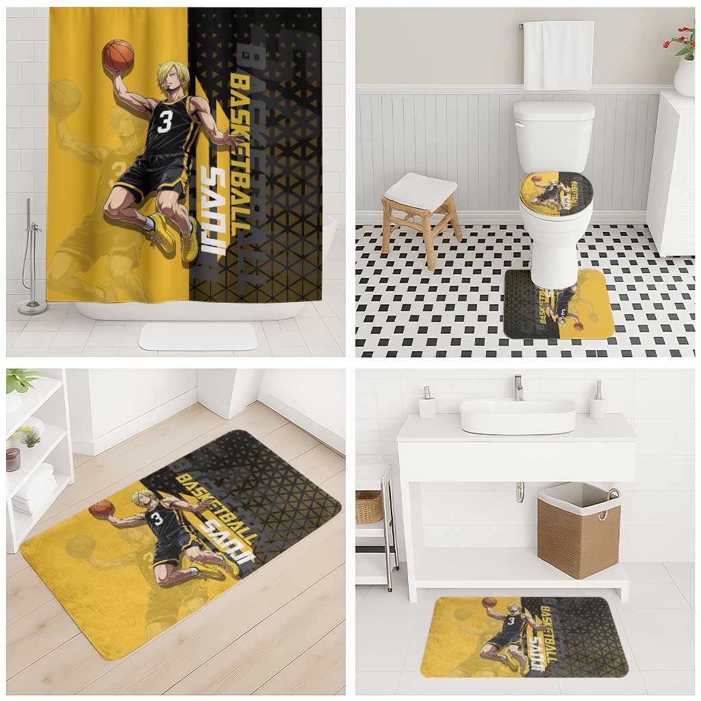 Sanji One Piece Basketball Theme Yellow and Black Design Bathroom Set with Pirate Chef Logo and Jump Shot Pose - The Mazicc