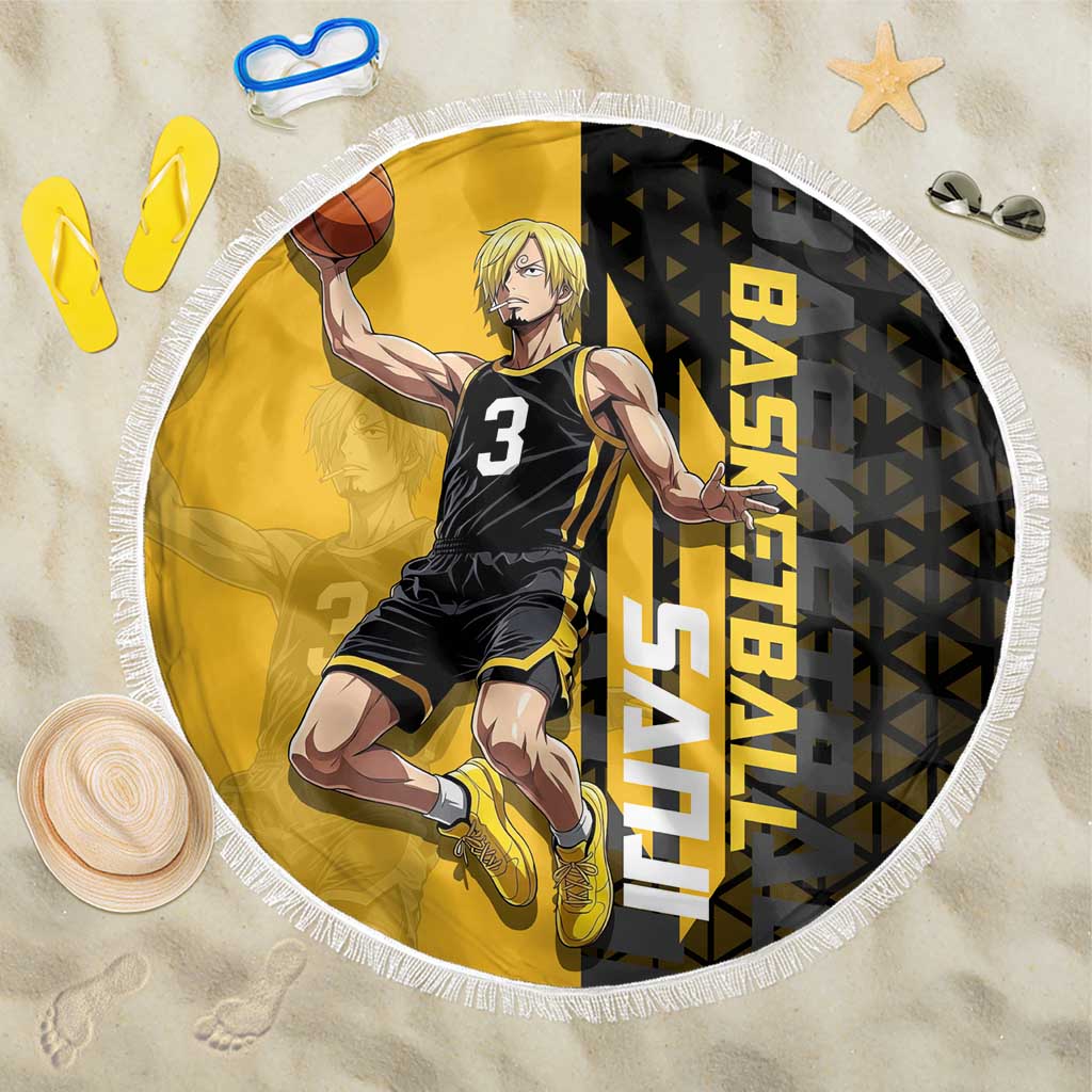 Sanji One Piece Basketball Theme Yellow and Black Design Beach Blanket with Pirate Chef Logo and Jump Shot Pose - The Mazicc