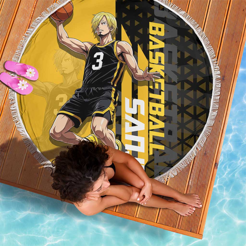 Sanji One Piece Basketball Theme Yellow and Black Design Beach Blanket with Pirate Chef Logo and Jump Shot Pose - The Mazicc
