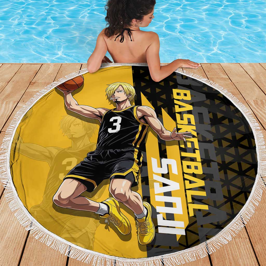 Sanji One Piece Basketball Theme Yellow and Black Design Beach Blanket with Pirate Chef Logo and Jump Shot Pose - The Mazicc