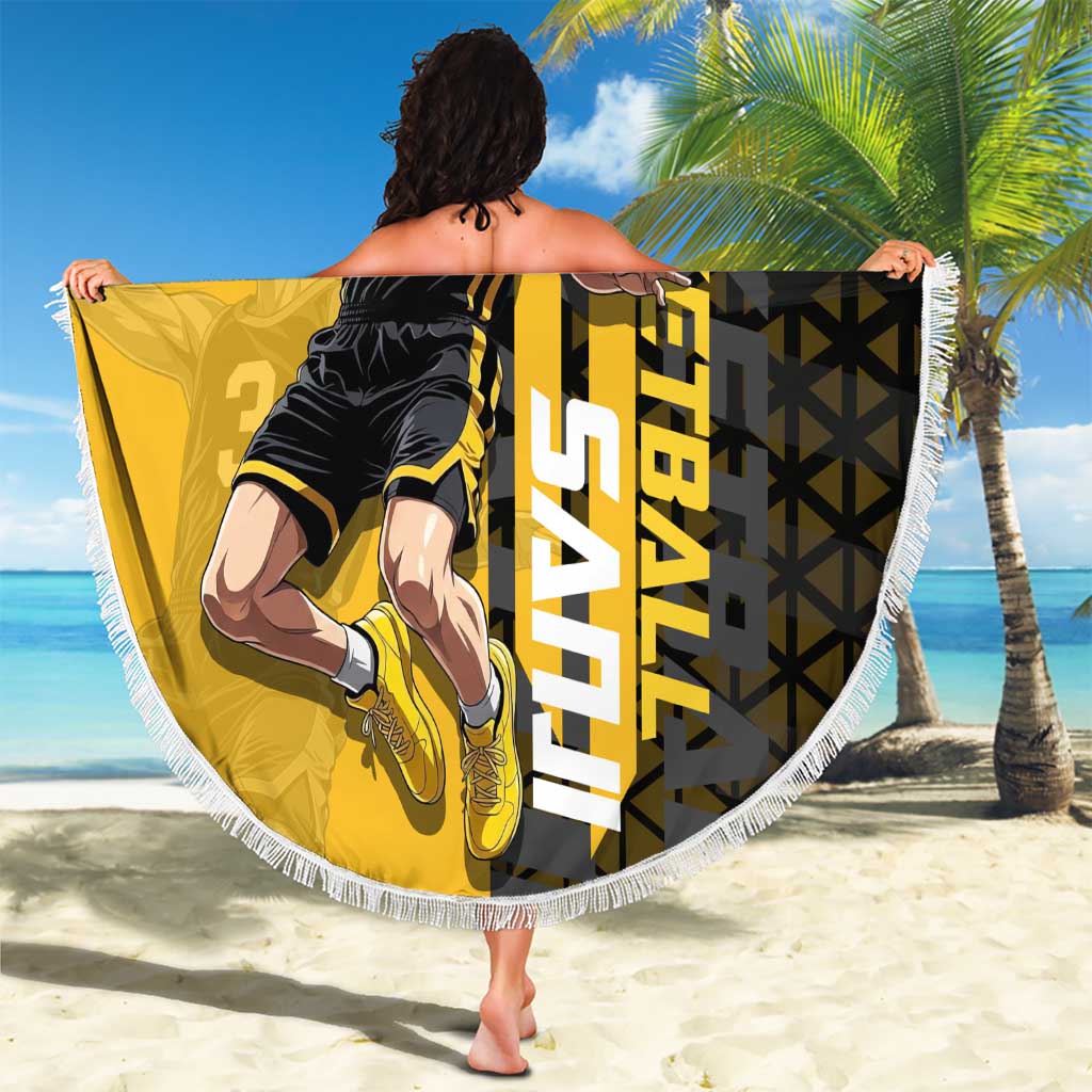 Sanji One Piece Basketball Theme Yellow and Black Design Beach Blanket with Pirate Chef Logo and Jump Shot Pose - The Mazicc