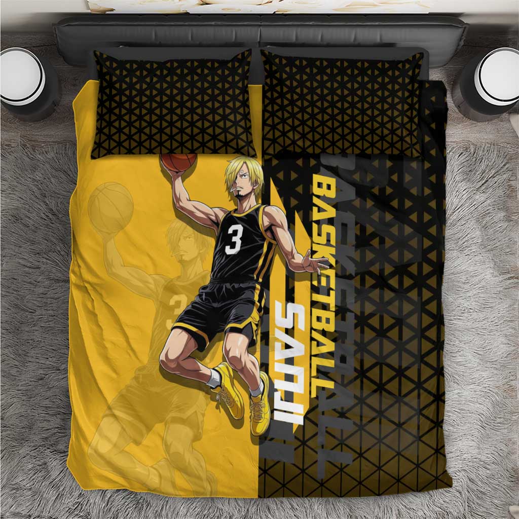 Sanji One Piece Basketball Theme Yellow and Black Design Bedding Set with Pirate Chef Logo and Jump Shot Pose - The Mazicc