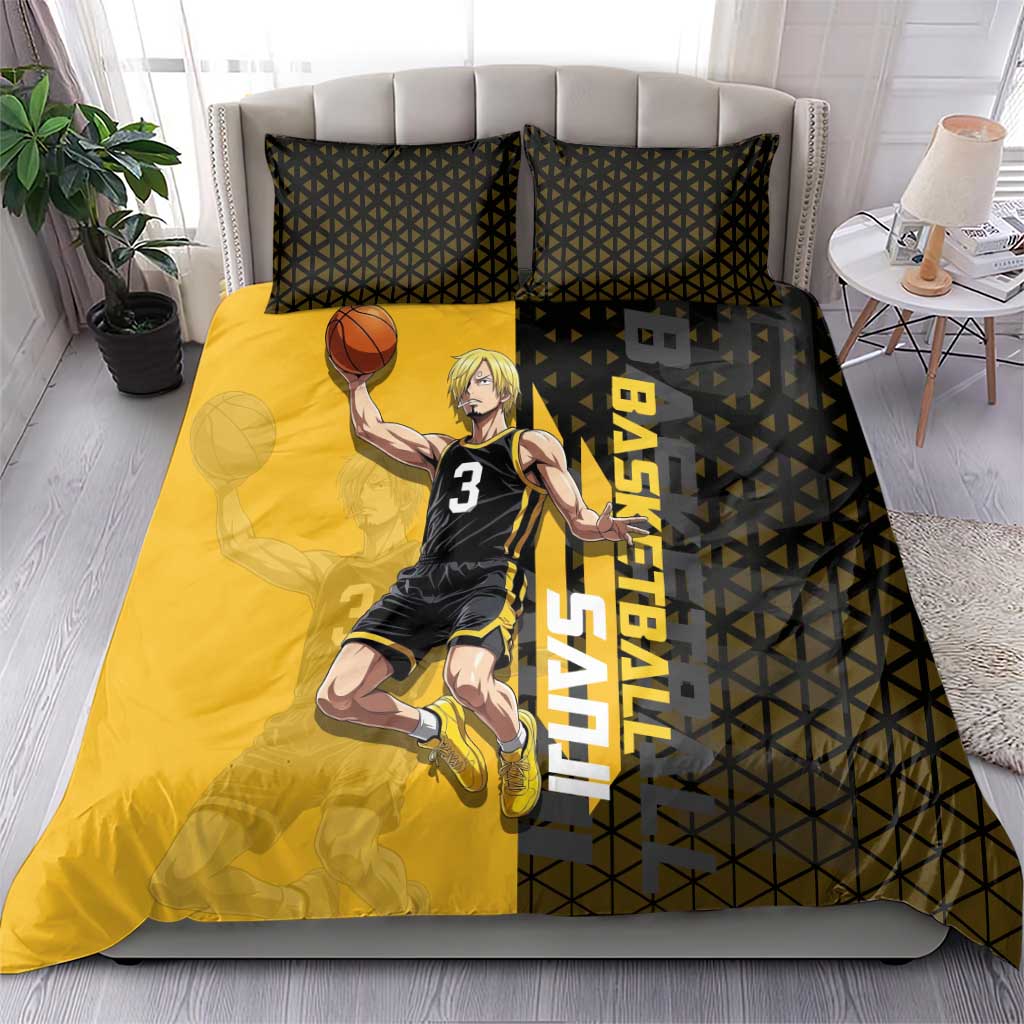 Sanji One Piece Basketball Theme Yellow and Black Design Bedding Set with Pirate Chef Logo and Jump Shot Pose - The Mazicc